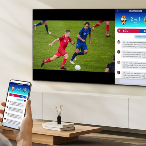Samsung DU8100 displaying a vibrant sunset with HDR technology for enhanced contrast and colors.