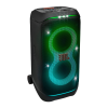 JBL PartyBox Stage 320 in use at a lively party, surrounded by guests and illuminated lights.