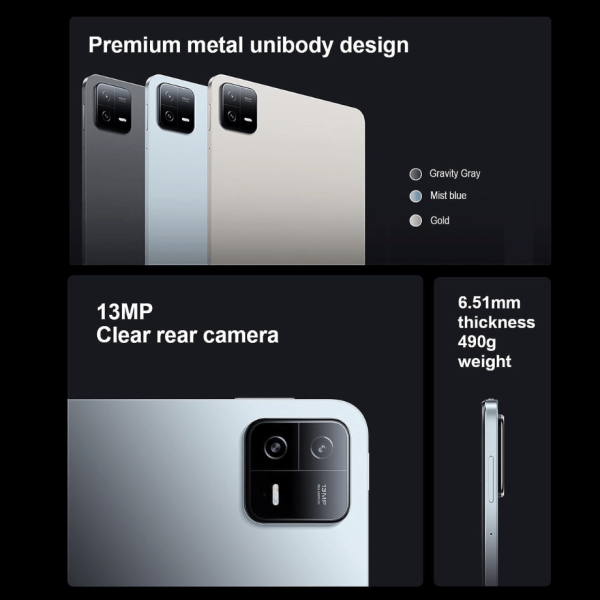 Xiaomi Pad 6 rear view showcasing the 13 MP camera in a sleek metallic body.
