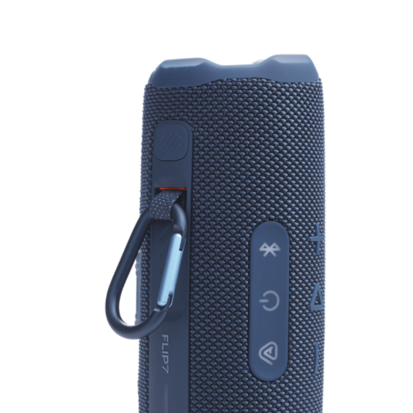 The JBL Flip 7 Bluetooth speaker in red packaging, emphasizing the 16-hour playtime and waterproof feature.