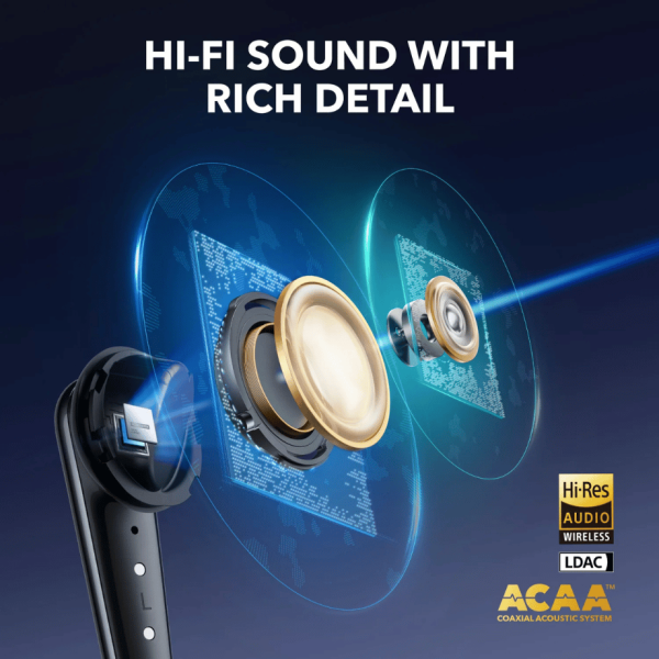 Anker Liberty 4 Pro earbuds featuring ACAA technology for high-fidelity sound with rich detail.