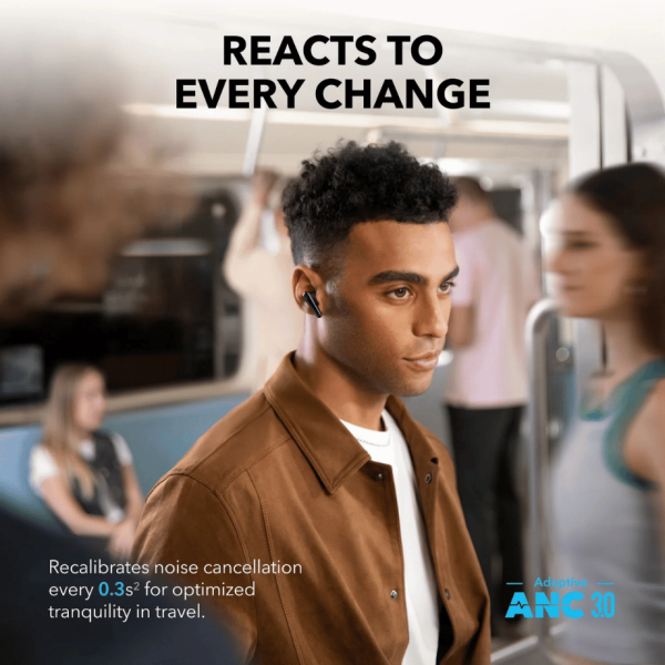 Anker Liberty 4 Pro earbuds adjusting noise cancellation in real-time every 0.3 seconds.
