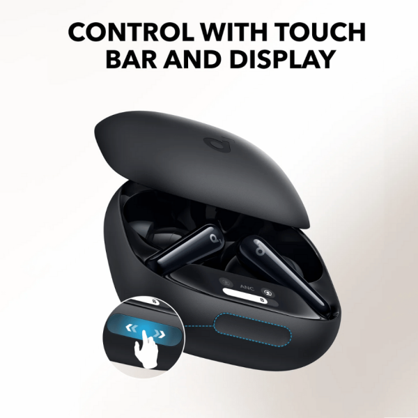 Anker Liberty 4 Pro earbuds with a touch bar for noise-cancellation control and a display showing battery levels.