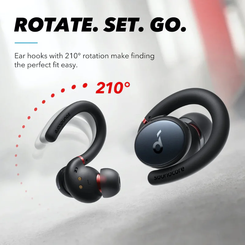 Anker Soundcore Sport X10 wireless earbuds with 210-degree rotating ear hooks for a secure workout fit.