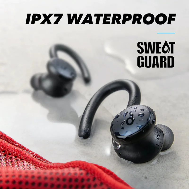 Anker Soundcore Sport X10 IPX7 waterproof earbuds with SweatGuard protection.