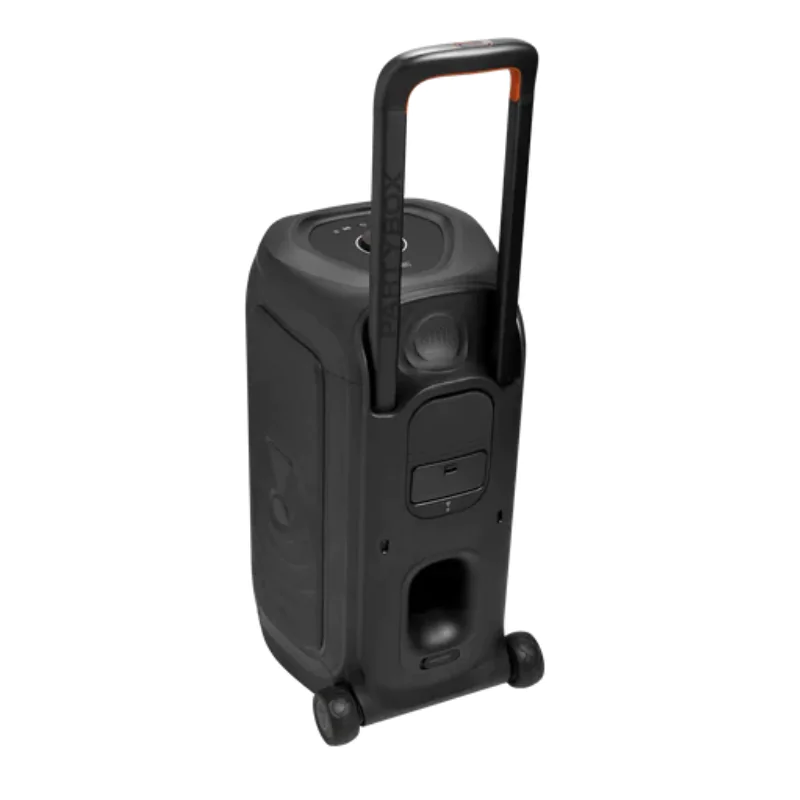 Rear view of JBL PartyBox 330 showing handle, wheels and battery compartment