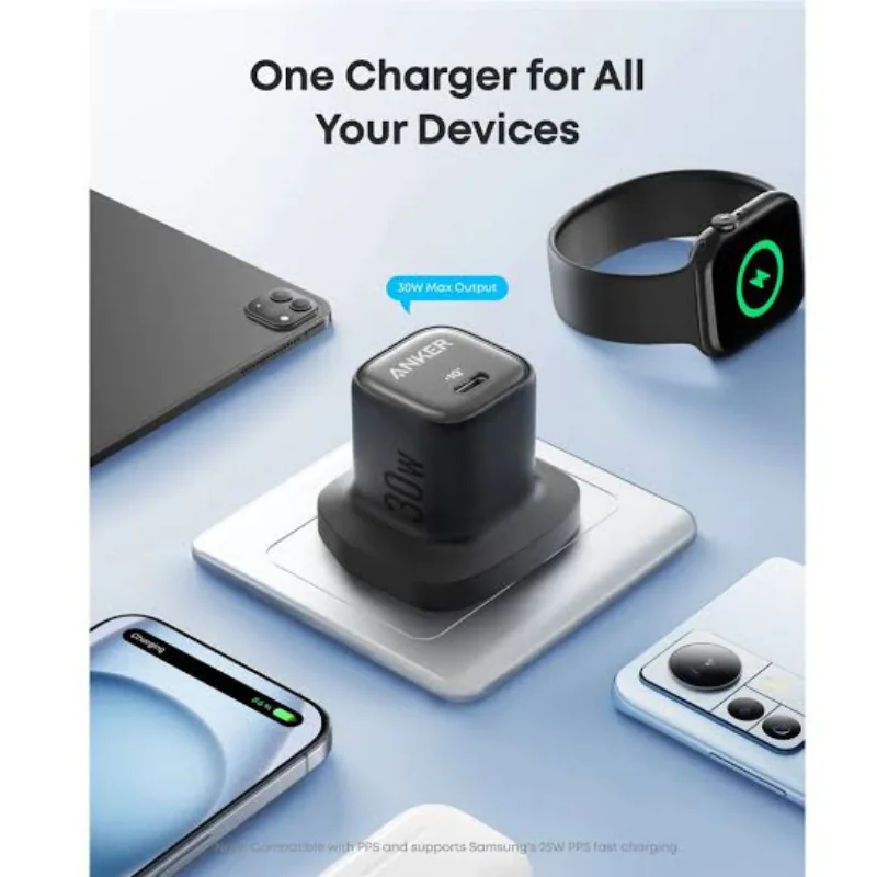 Anker 25W USB-C charger compatible with Samsung Galaxy, iPhone 15/16, Google Pixel, iPad, and other USB-C devices.