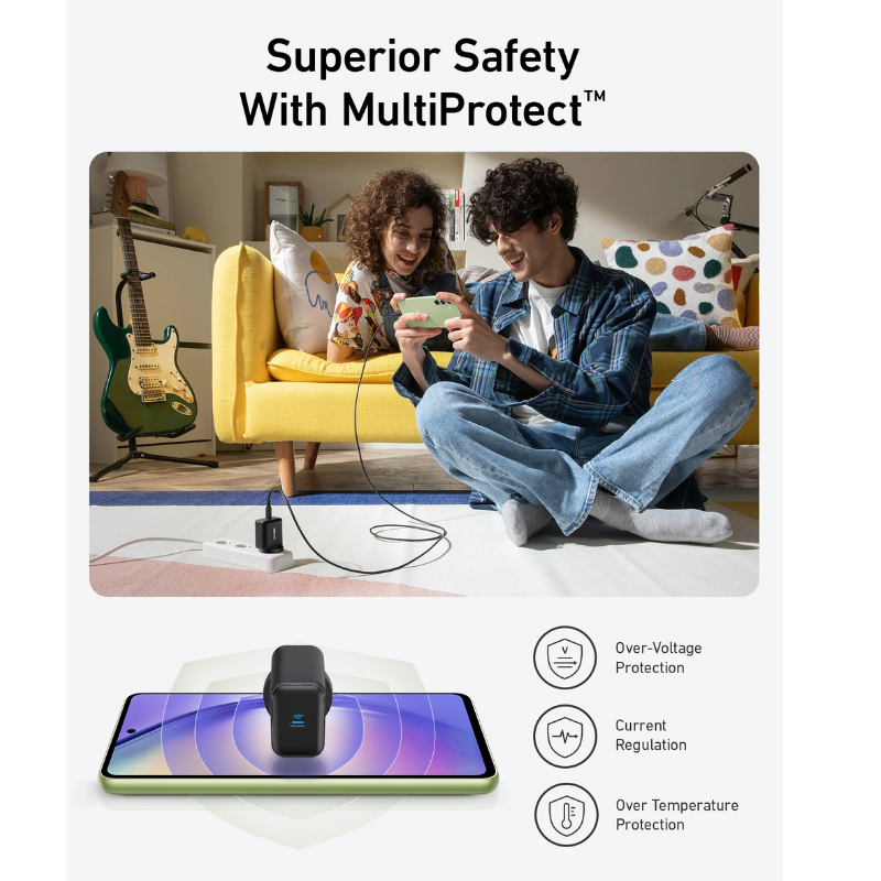 Anker 25W USB-C charger featuring MultiProtect safety technology with over-voltage, temperature, and current protection.