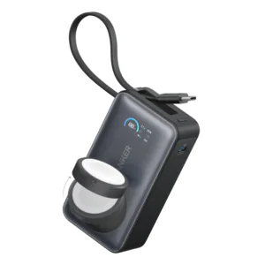 Black Anker MagGo 10000mAh 35W power bank with built-in USB-C cable and foldable Apple Watch charger.