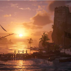 Assassin's Creed Black Flag Resynced PS5 featuring an intense pirate naval battle in the Caribbean Sea.