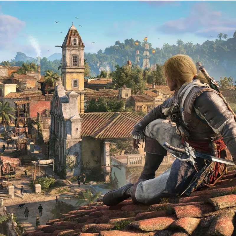 Edward Kenway overlooking a Caribbean colonial town in Assassin's Creed Black Flag Resynced for PlayStation 5.
