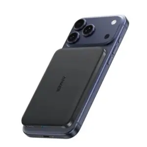 Anker Nano MagGo Slim 5000mAh power bank attached to iPhone 17 Pro