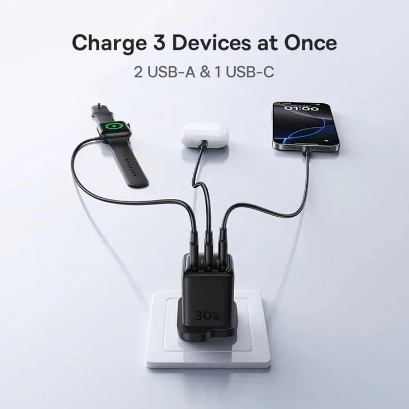 Baseus EnerFill FN11 30W charger with 2 USB-A and 1 USB-C ports