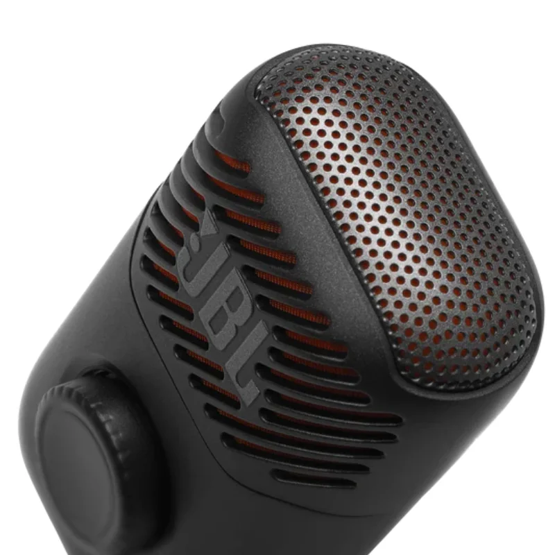 Close-up of JBL EasySing Mic Mini microphone grille and JBL logo