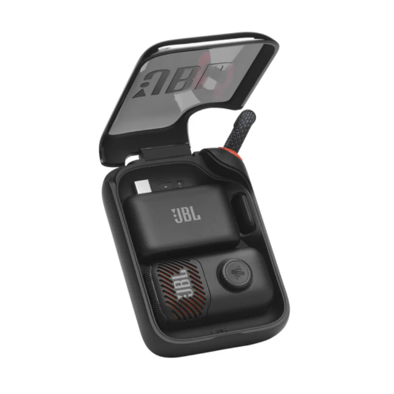 JBL EasySing Mic Mini wireless karaoke microphone in open charging case