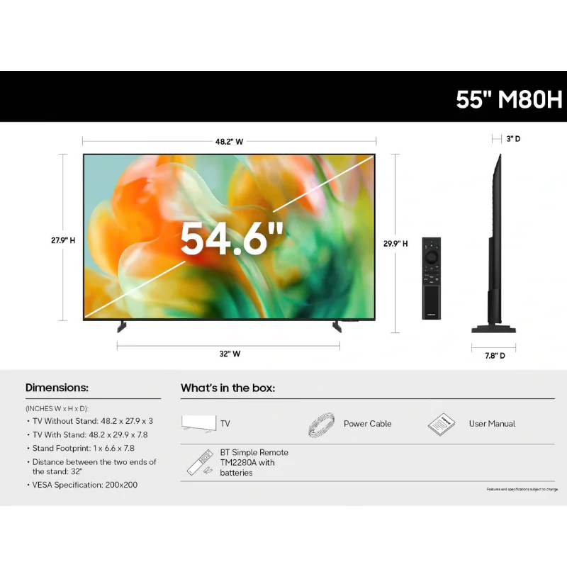 Samsung M80H 55 inch Mini LED TV dimensions