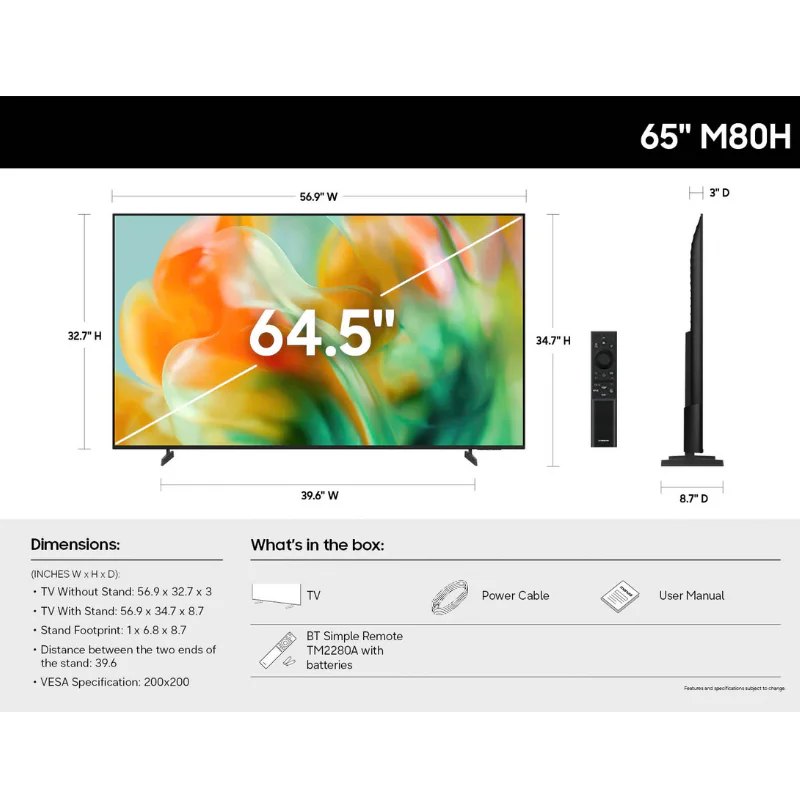 Samsung M80H 65 inch Mini LED TV dimensions