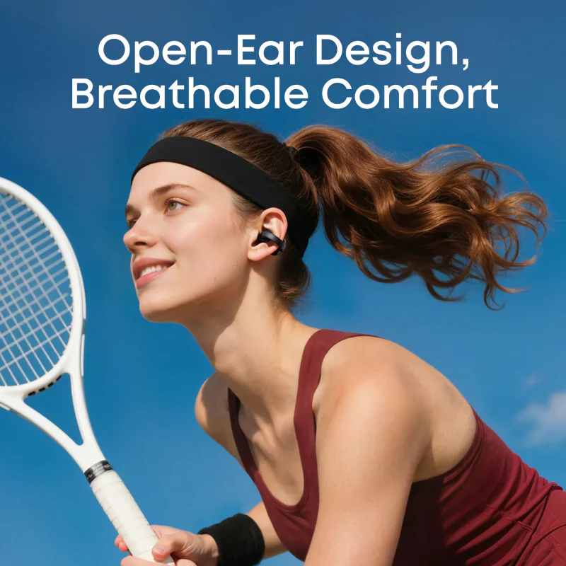 soundcore C50i open-ear clip-on earbuds worn during outdoor sports