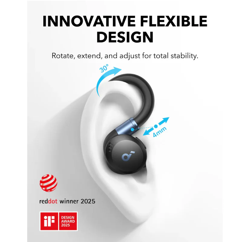 soundcore Sport X20 earbuds showing adjustable rotating and extendable ear hooks