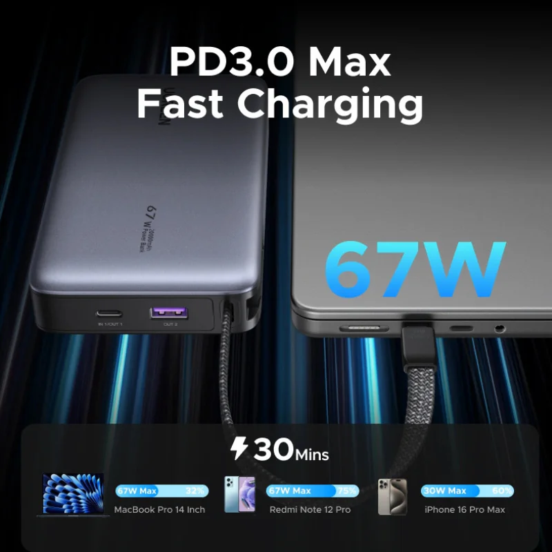 UGREEN 67W Power Delivery 3.0 power bank fast charging a laptop and smartphone