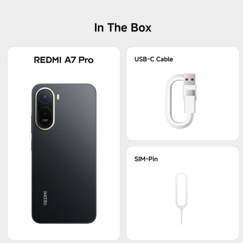 Xiaomi Redmi A7 Pro 4G 6GB 128GB box with USB-C cable and SIM pin